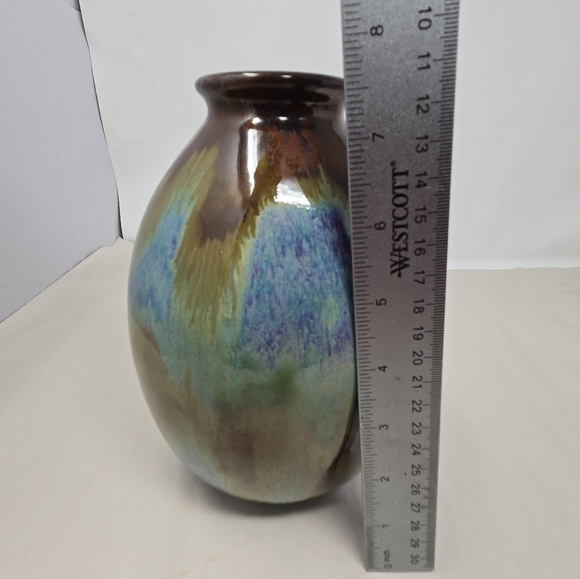 Pottery Vase Egg Shape Multicolor Glazed Timeless Beauty Drip Brown Over Blue - Picture 8 of 11